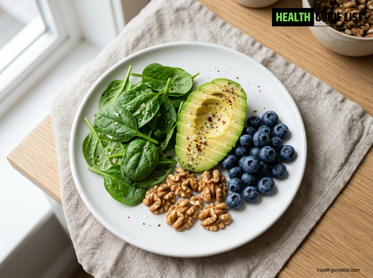 Nutritious whole foods on plate to maximize intermittent fasting benefits for autophagy