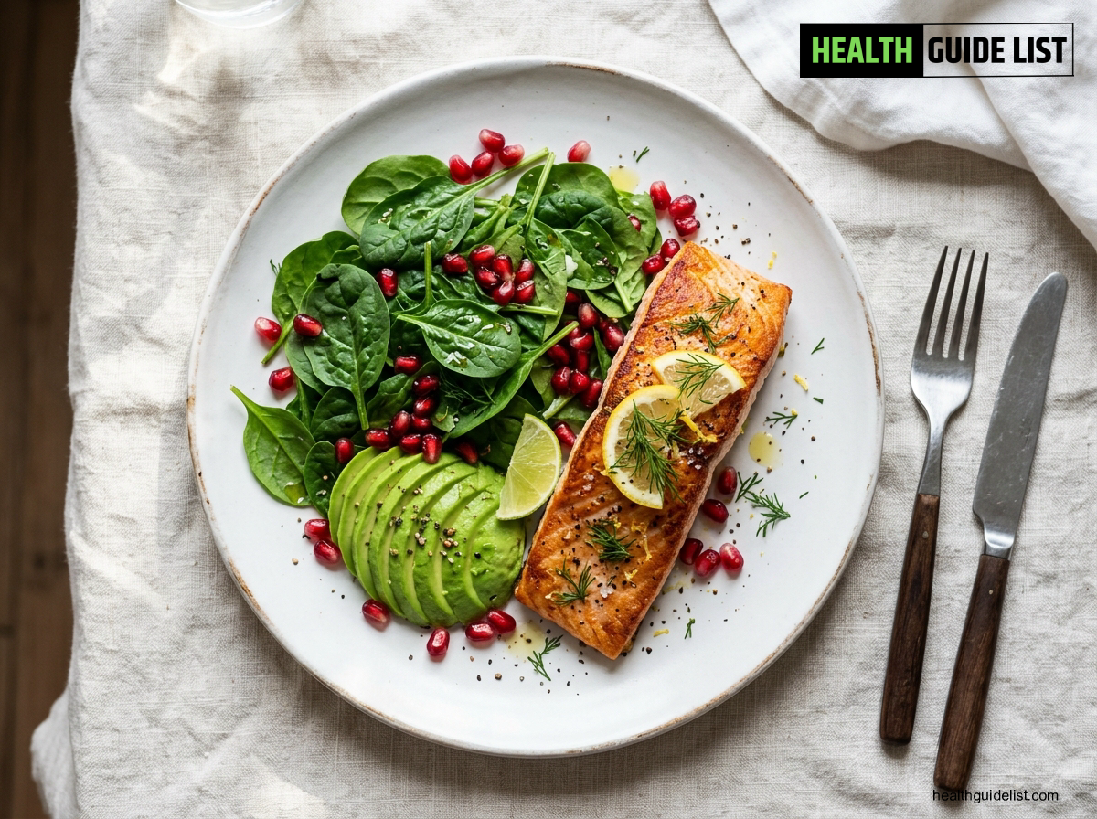 Mediterranean anti-inflammatory plate with salmon and spinach for natural anti-inflammatory foods for joint health